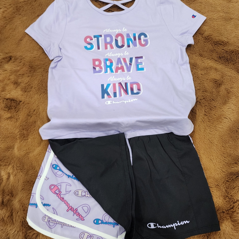 🆕️ 💜Champion, Girls (10-12), 1 Graphic Tee and 2 Shorts Set
